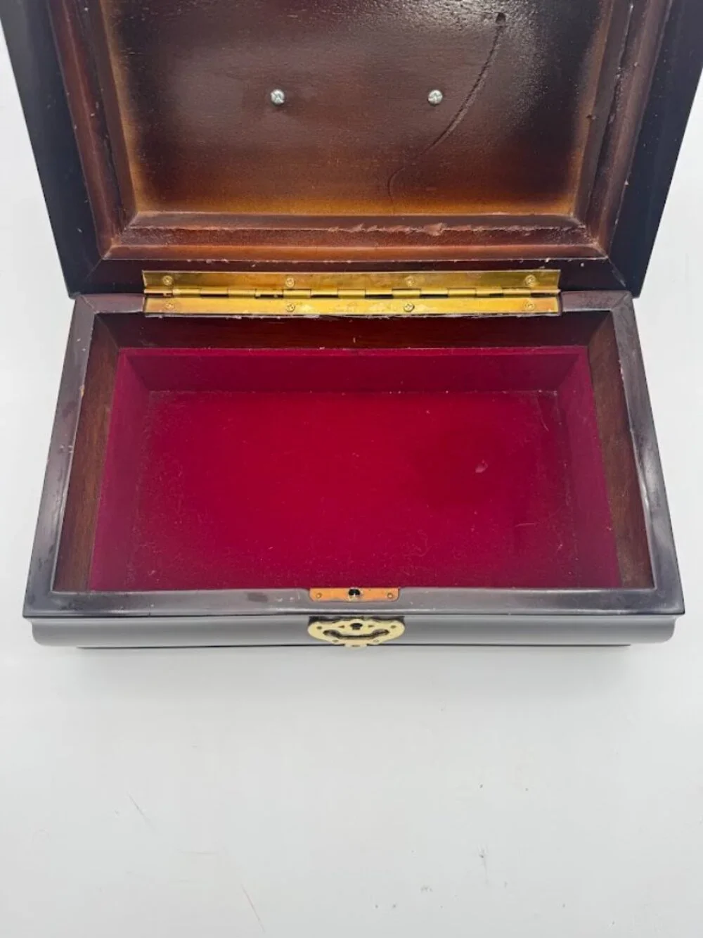 Vintage Mahogany Lacquer Jewelry Box Brass Lock Keys Velvet Lined 12in
